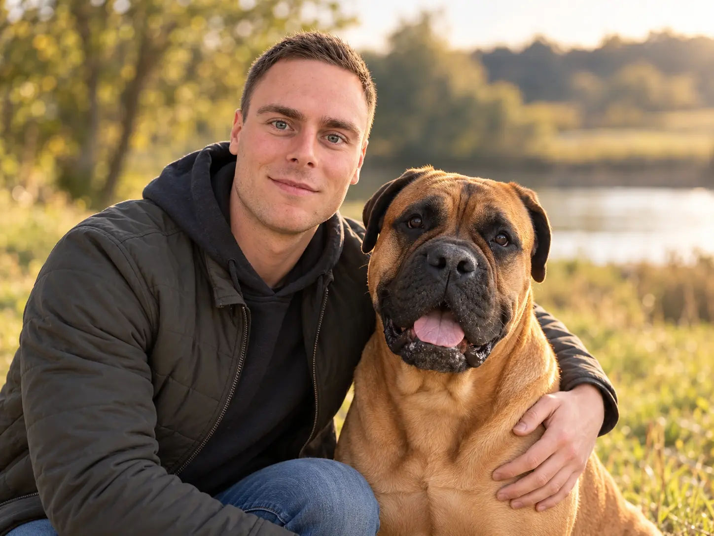Sebastian mit seiner siebenjährigen Bullmastiff-Hündin Hera auf einer Wiese